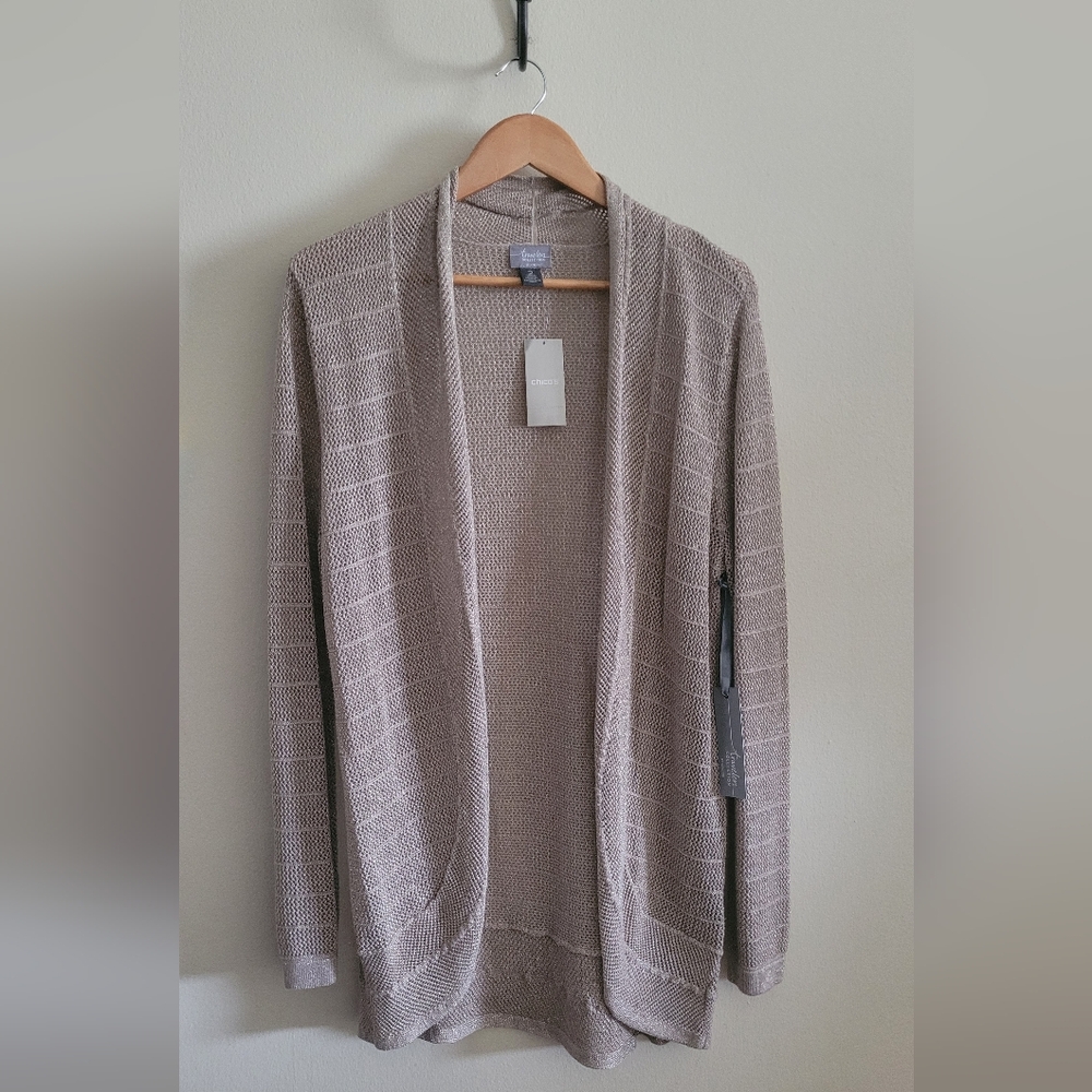 Chico's Travelers Kiley Cardigan Shimmer Sweater, Women's L, Gold.